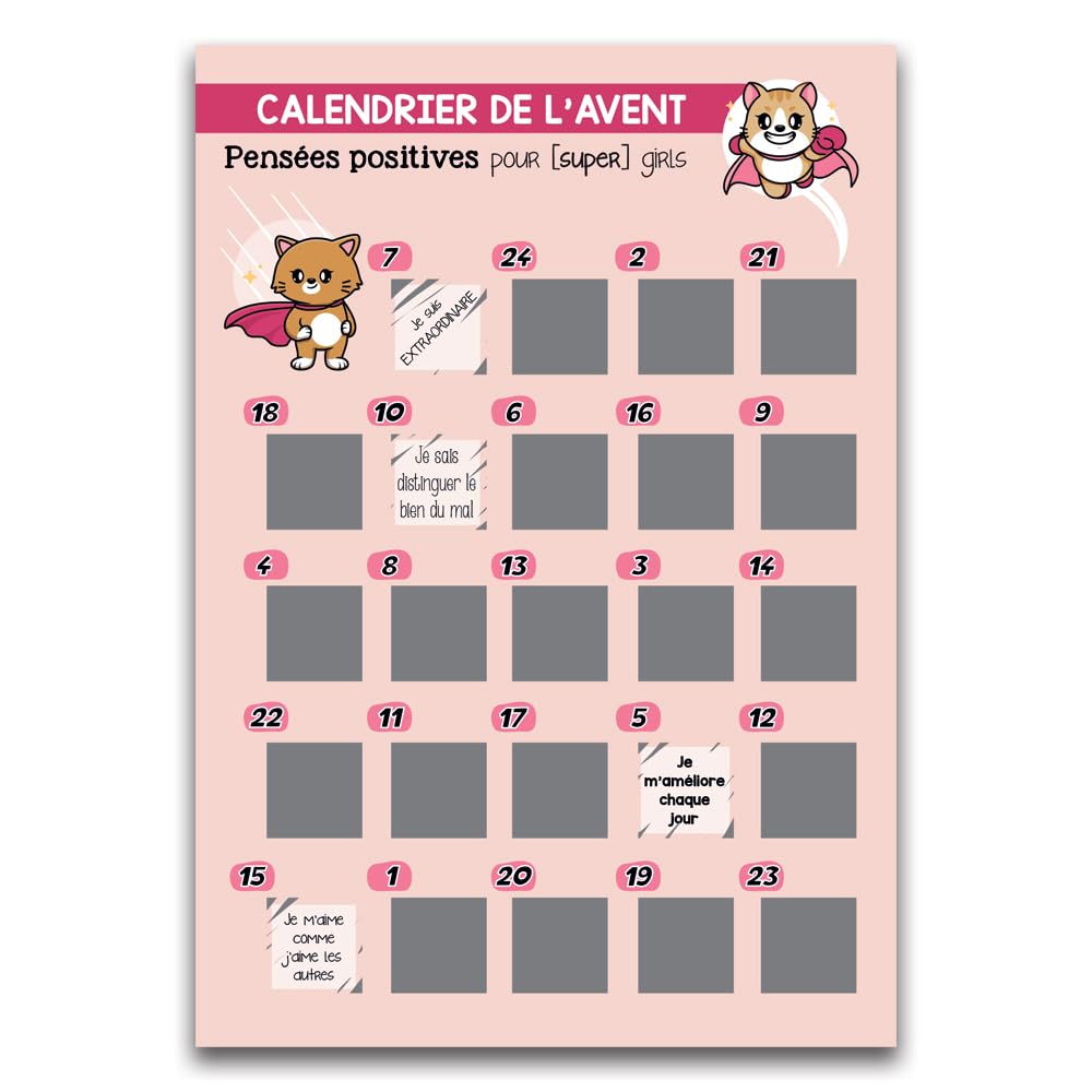 Calendrier de l'Avent à Gratter Fille - 24 Pensées Positives et Bienveillance - Support de Confiance en Soi et Épanouissement - Papeterie Créative de Noël