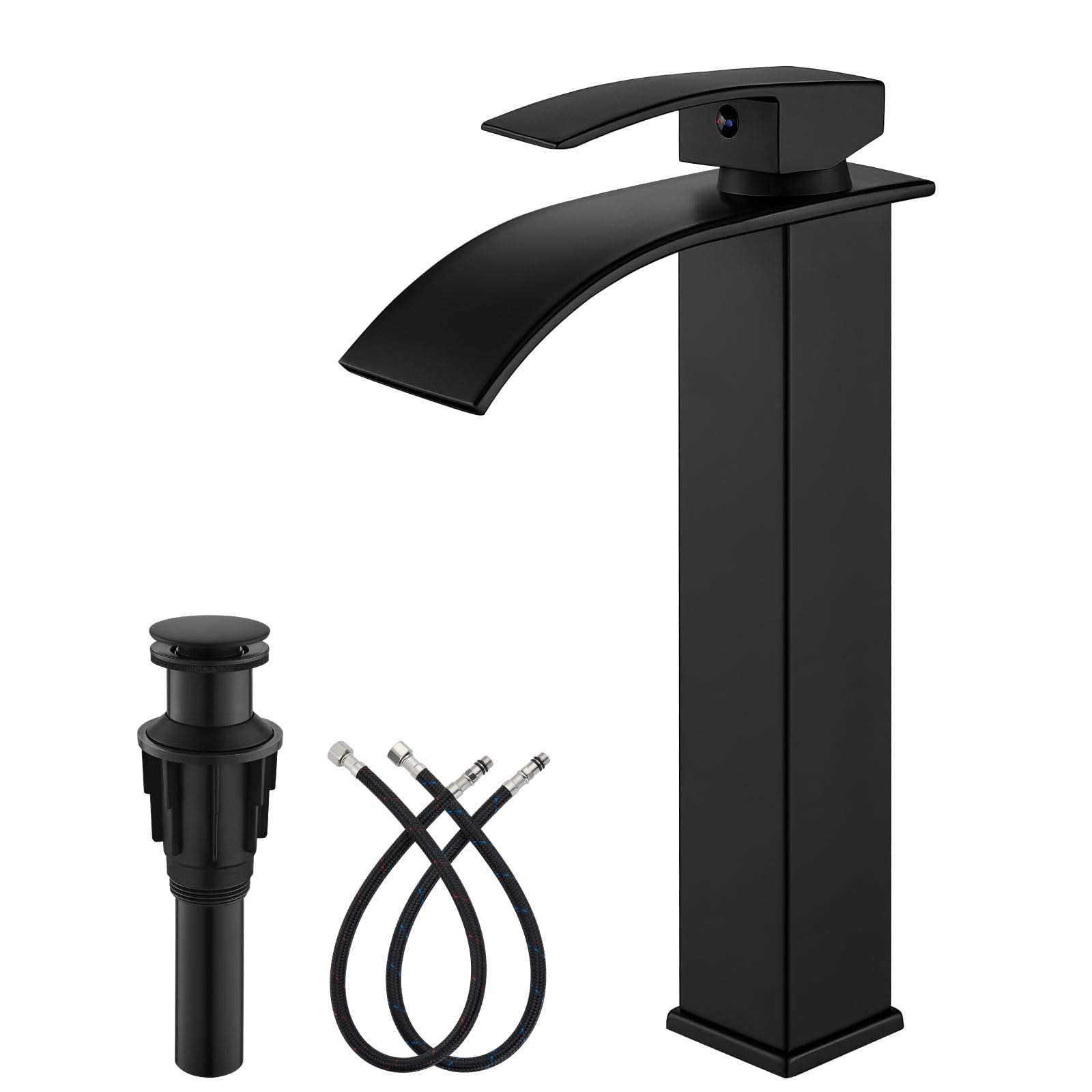 gotonovo Waterfall Tall Bathroom Faucet Single Handle Bathroom Faucets for Sink 1 Hole Stainless Steel Vessel Sink Faucet Modern Mixer Tap Wash Basin Faucet with Pop Up Drain, Matte Black