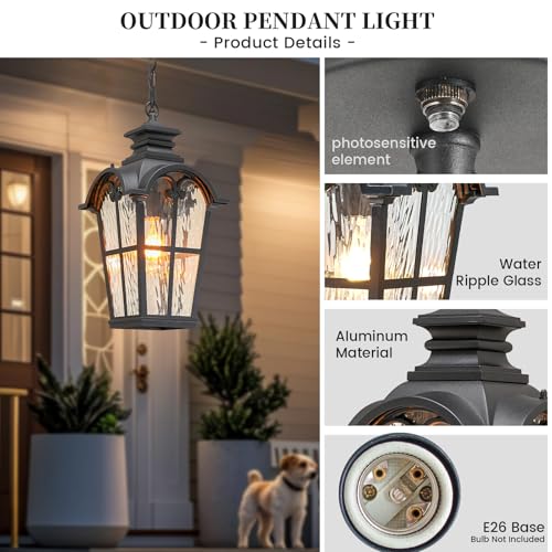 Image of Waterproof Outdoor Pendant Light for Porch 18.5 Inch Large Hanging Porch Lights with Adjustable Chain Dusk to Dawn Aluminum Outdoor Hanging Light Fixture with Water Ripple Glass E26 Socket