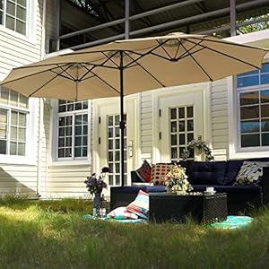 PHI VILLA 15ft Large Patio Umbrella with Base, Double-sided Outdoor Umbrella, Beige PHI VILLA 15ft Large Patio Umbrella with Base Double sided Outdoor Umbrella Beige
