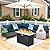 Lviden 7 Pieces Wicker Patio Furniture Set Rattan Outdoor Sectional Conversation Sofa Set with Fire Pit Table Non-Slip Cushions and Furniture Cover, Peacock Blue