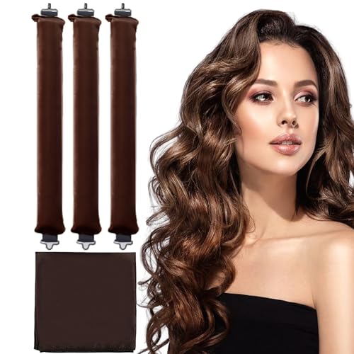 3 Piezas Heatless Hair Curlers con Pañuelo en la Cabeza Rizos sin Calor Rizador de Pelo Grandes sin Calor Persona para Todo Tipo de Cabello,Herramientas de Peinado Bricolaje (Marrón)