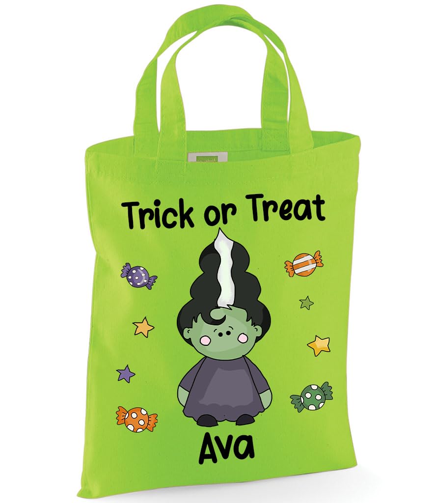 Personalised Trick or Treat Tote Bag with Custom Name - Kids Halloween Party Favour - A4 Size, 100% Cotton - Choose Colours & Characters (Green, Frankenstein's Wife)