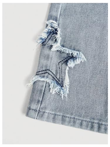 Verdusa Girl's Y2k Star Frayed Baggy Jeans Wide Leg High Elastic Waist Denim Pants4