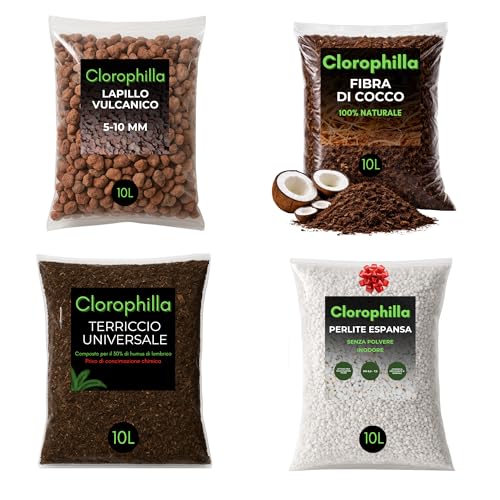Clorophilla Kit Substrati per Piante – 4 Sacchi da 10L (Fibra di Cocco + Lapillo Vulcanico + Perlite Espansa + Terriccio Universale) – Drenaggio, Aerazione e Crescita Radicale (KIT 10L X4)