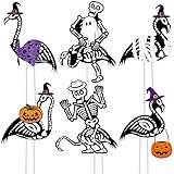 Amyhill 6 Pcs Halloween Skeleton Flamingo Black Zombie Flamingos with Stakes and Pumpkin Skull Flamingo for Halloween Lawn Ornaments Spooky Graveyard Scary Decorations