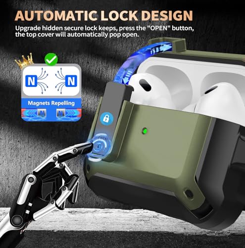 Image of Olytop for Airpods Pro 3 Case with Magnetic Automatic Lock, Rugged Apple Airpods Pro 3rd Generation Cover 2025, Armor Shockproof iPod Pro3 Gen Protective Hard Shell Carabiner&Cleaner kit, Army Green