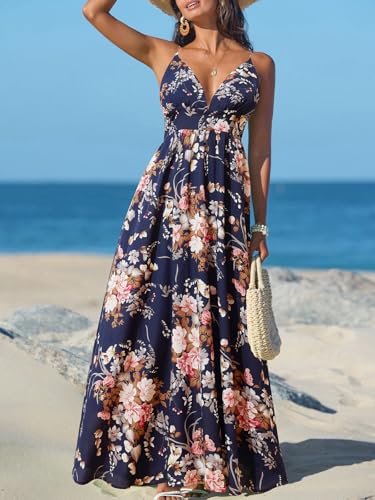 Image of CUPSHE Women's Summer Dresses Casual Spring V Neck Sleeveless Floral Beach Vacation Long Spaghetti Strap Flowy Maxi Dress