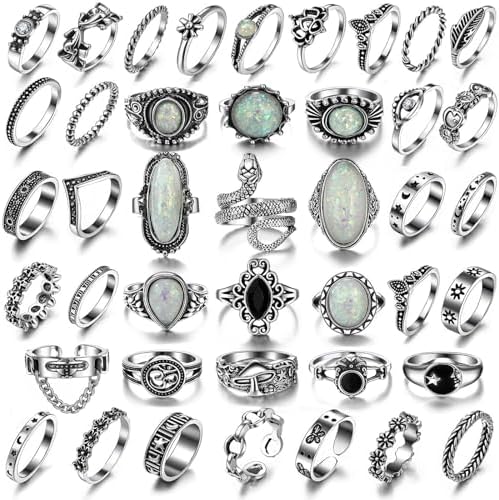 17IF Women's 42 Pcs Vintage Silver Knuckle Rings Set for Women, Chunky Colorful Stone Rings Aesthetic Snake Grunge Stackable Gothic Ring Adjustable Y2K Punk Bulky Boho Finger Alt of Rings, Stacking Sk