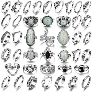 17IF Vintage Silver Knuckle Rings Set for Women Men, Chunky Rings Aesthetic Snake Grunge Stackable Gothic Ring Adjustable Y2K Punk Bulky Boho Finger Alt of Rings, Stacking Fairy Skull Frog Heart Star Flower Midi Ring Pack
