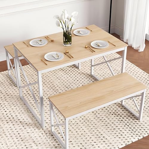 Image of VECELO 43.3 inch Kitchen Dining Table Set for 4, Heavy-Duty Steel Frame & Wood-Grain Tabletop, Space-Saving Dinette Sets with 2 Benches for Breakfast Nook and Small Space, Natural