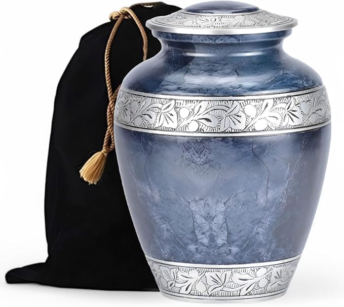 Cremation Urns for Human Ashes, Large Funeral Burial Urn, Beautiful Marble Finish Engraved Urn with Velvet Bag