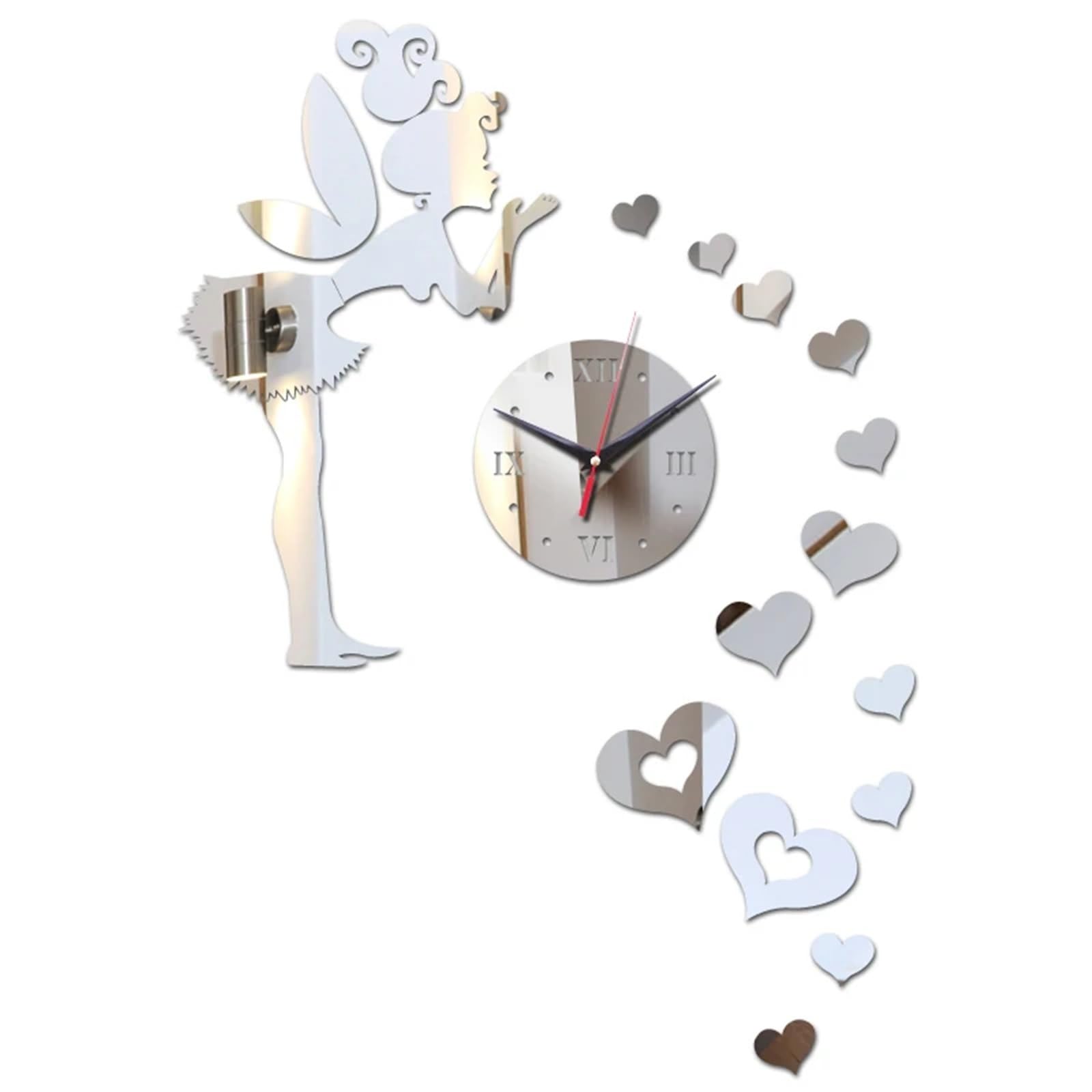 ZXGRfdefa clock, Diy Mirror Material Wall Sticker Watches Hearts Decor Special(Silver)