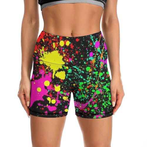 Glow in Dark Splatter Neon High Waist Yoga Shorts for Women Athletic Shorts Leggings Running Pants