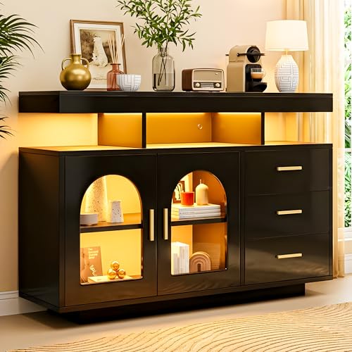 Buffet Meuble De Rangement Led, Meuble Bar, Modern Buffet Salon Meuble Buffet Salon Led With éClairage Rgb Automatique, Coin Café 3 Tiroirs 2 Portes Pour...