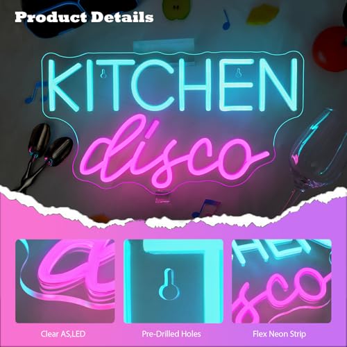 Image of JURONG Kitchen Disco Neon Signs for Wall Decor, Dimmable LED Neon Light USB Powered Light Up Signs for Home, Canteen, Restaurant, Cooking Room Party, Kitchen Decor Gift
