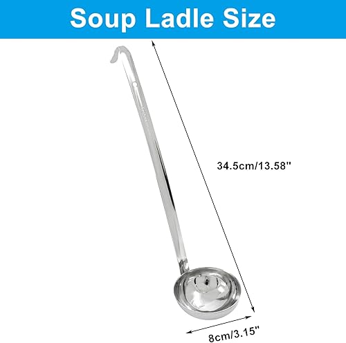 Vista 22 de Piutouyar Juego de 3 cucharones de sopa de 1 onza, cucharón de acero inoxidable con asas largas de gancho, accesorios para cocinar, cucharón