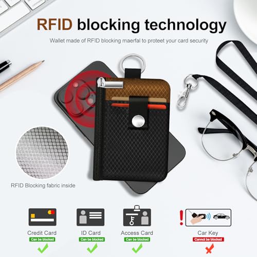 Image of Minimalist RFID Blocking Small Wallet with ID Window,WaterResistant Zip Id Case Wallet with Lanyard Keychain for Cards,Cash,Travel,Women,Men (Black /Brown)