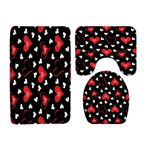 VPUPCN Valentine's Day 3 Pcs Bath Rugs Set,Red Heart Romantic Love Sweet Couple Modern Black Background Bathroom Kitchen Rug with 16