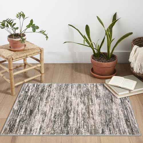 2x3 Brown Green Black White Modern Abstract Rug for Entryway, Super Soft Small Area Rug, Washable Non-Slip Kitchen Rugs, Low-Pile Mat for Bedside, Indoor Door Mat