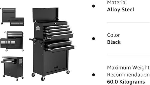Miniatura 8 de Cofre de herramientas de alta capacidad de 8 cajones con 4 ruedas, caja de herramientas con cerradura y armario de almacenamiento de herramientas,
