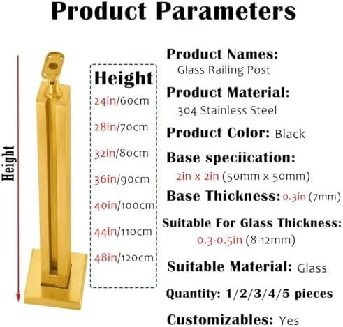 Adjustable Square Stainless Steel Railing Post Kit, Black & Silver Stair Column with Slots & Base, 44in Indoor Spindles for Parapet & Balustrade Solutions
