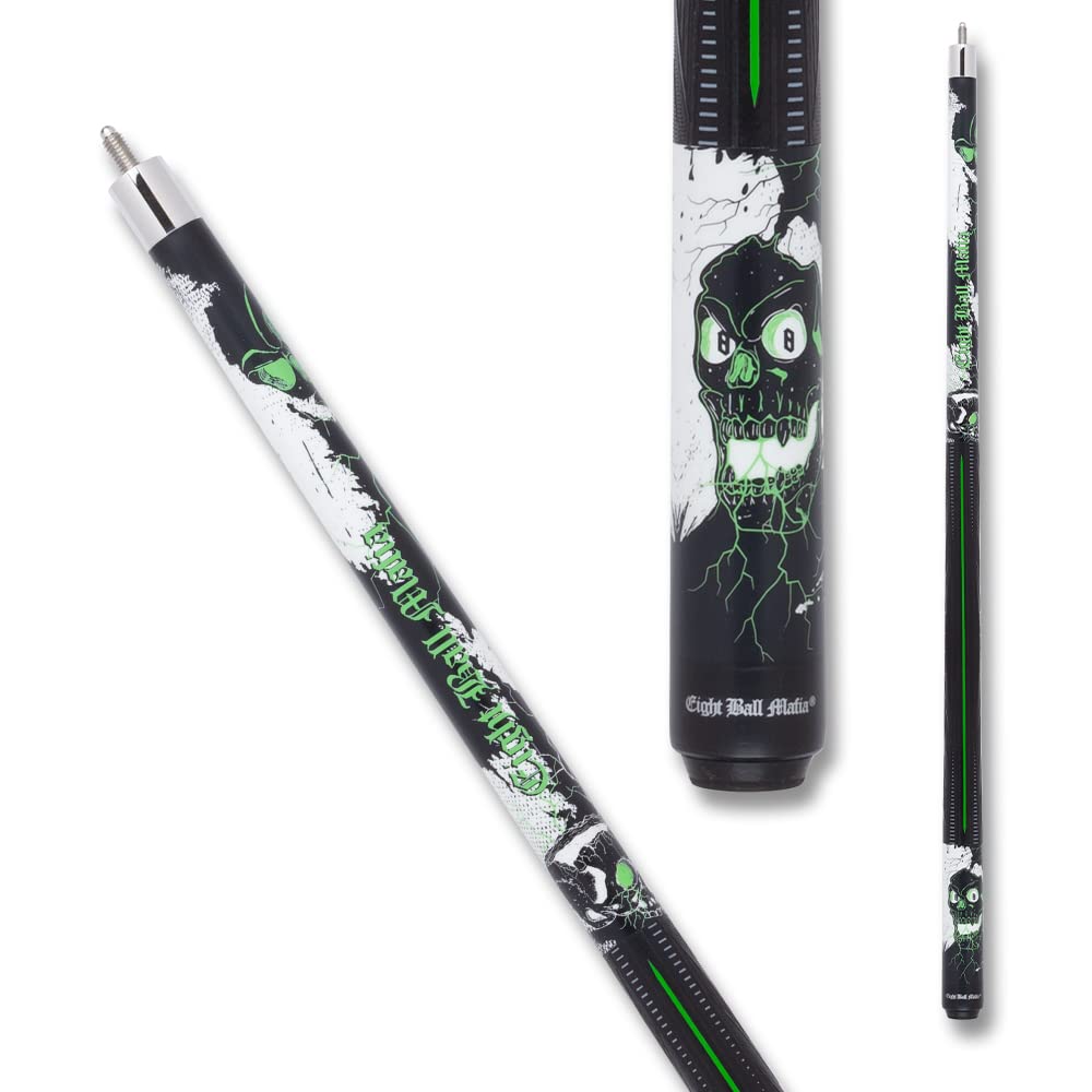 Eight Ball Mafia EBM21 Sport Grip Pool Cue - Black, Lime Green, and White Lightning Strikes with Skulls - 18oz