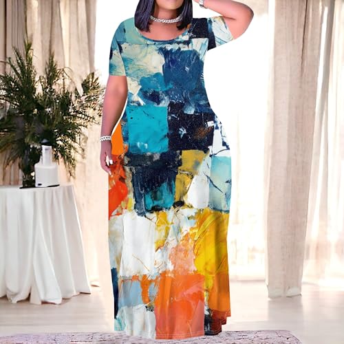Image of PinkPatty Plus Size Dress for Women Casual Crew Neck Short Sleeve Maxi Dress Oversized Summer Beach Dresses with Pockets