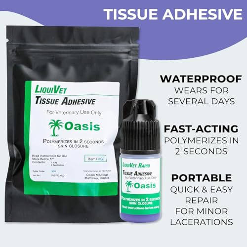 2 Pack Liquivet Rapid 2 Second Tissue Adhesive, Vet Skin Glue, Tissue Wound Cut Skin Closure, 3mL Bottle and 6 Applicators