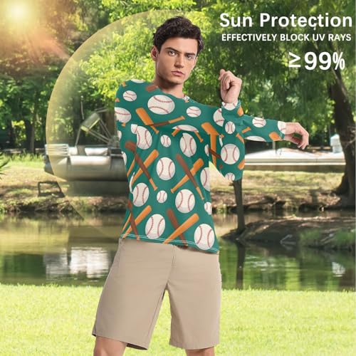 Mens UV Protection Shirts Rash Guard Long Sleeve UPF 50+ Baseball Bat Green Quick Dry S4