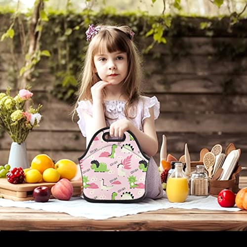 Dacawin Cute Kids Toddler Lunchbox Pink Cartoon Dinosaur Insulated Lunch Box Bag Reusable Outdoor Lunch Tote Bag Portable Leakproof Cooler Lunch Bags #TOP6