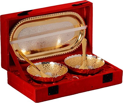 Crafticia Brass Bowl 3 inch with Spoon & Tray Serving Set of 5 Decorative Gift Item (Silver and Golden Plated)