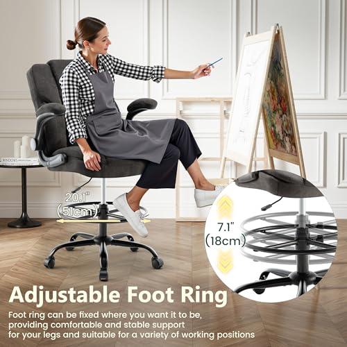 Image of Drafting Chair 500Lbs, Tall Office Chair for Standing Desk, Fabric Executive Office Chair with Flip-up Armrests, Ergonomic High Chair with Adjustable Foot Ring, Comfy Stool Chairs, Black