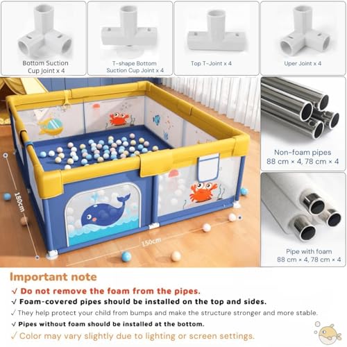 Image of Playpen 150x180cm for Baby 0-5 Years with Safety Lock, Playard with 5-10 Ocean Balls and 2 Grasp Rings (No Mat, Non-Foldable) - Blue