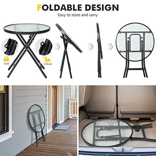 image for Giantex Folding Side Table, Round Small Patio Table, Tempered Glass Ta
