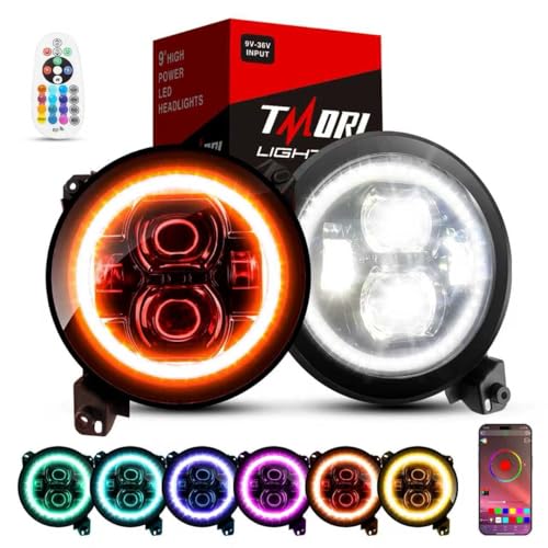 TMORI 9 Inch Multi-Color LED Headlights with Angel Eyes Ring
