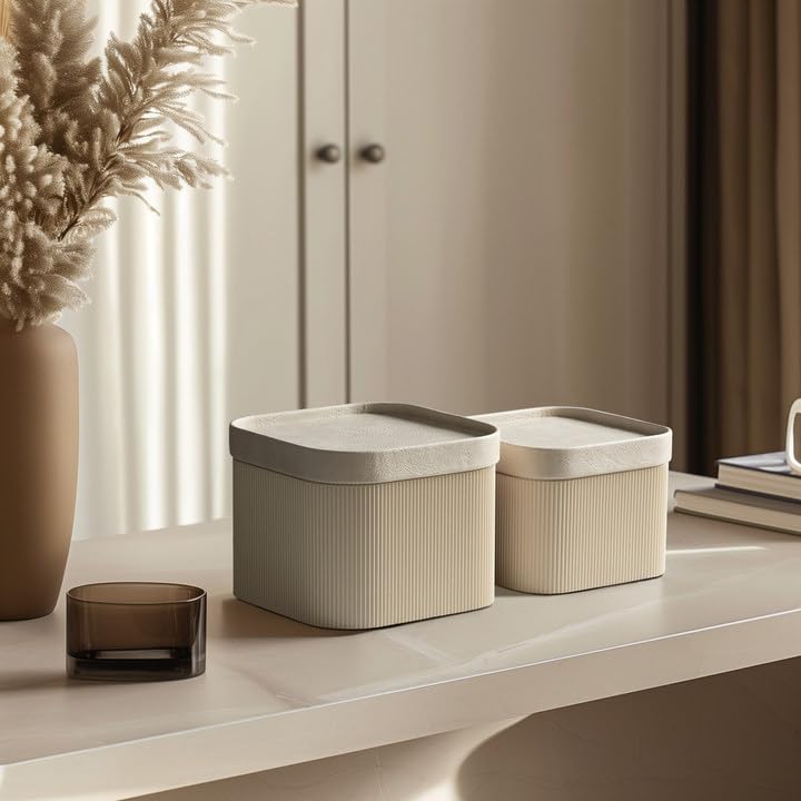 LA JOLIE MUSE Fluted Cardboard Storage Baskets with Leather-Like Lids, Paper Boxes Decorative Tray, Basket Organizer Bins for Jewelry Shelve Bathroom Bedroom Organizing, Beige, Set of 2