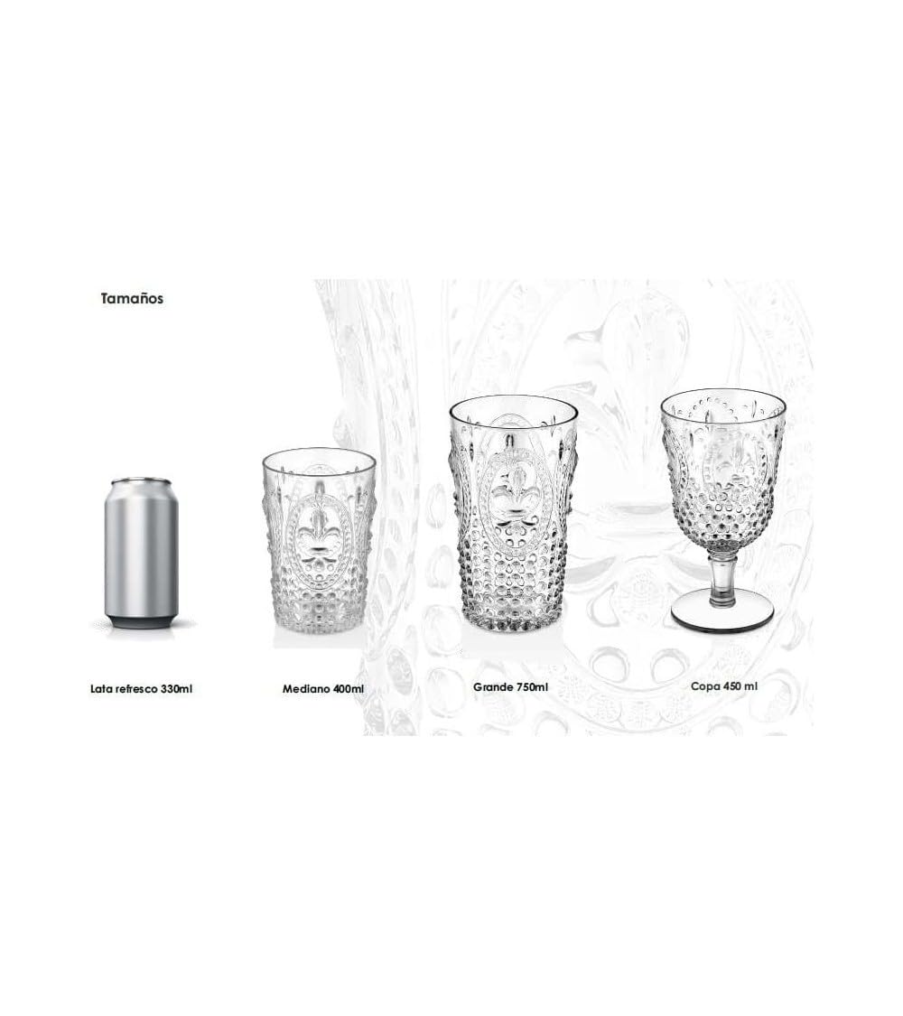 Bastilipo PRISMA - PACK 6 UNIDADES VASO 750 ML. MOD. FLOR DE LIS COLOR TURQUESA. Vaso de policarbonato tamaño grande, reutilizable, libre de BPA,