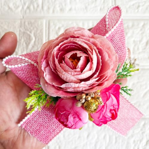 Image of ADIKALA Handmade Artificial Big Peonies 3 Flower Bunch for Trousseau Packing, Ready to use Flower Brooch Hamper for Decoration, Gift Wrapping Flowers (3, Rani Jute)