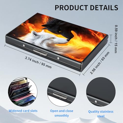 Metal Wallet for Men & Women, Slim RFID Blocking Aluminum Credit Card Holder with 6 Card Slots, Minimalist Front Pocket Wallet Thin Business Travel Holder Case, Black White Wolves in Flames2