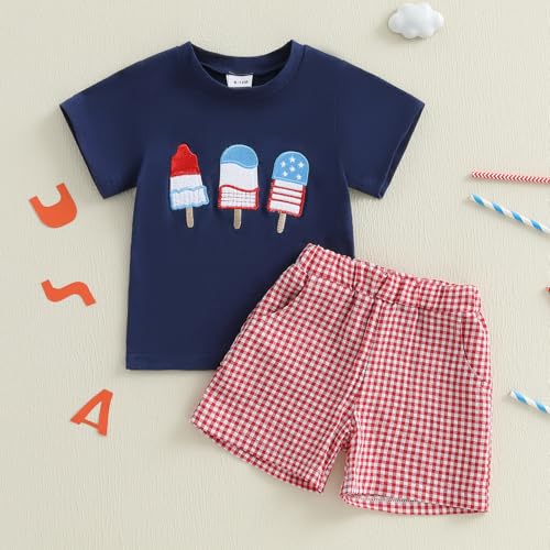 Image of 4th Of July Toddler Boy Outfit Popsicle American Flag T-Shirt and Gingham Plaid Shorts Set Independence Day Clothes