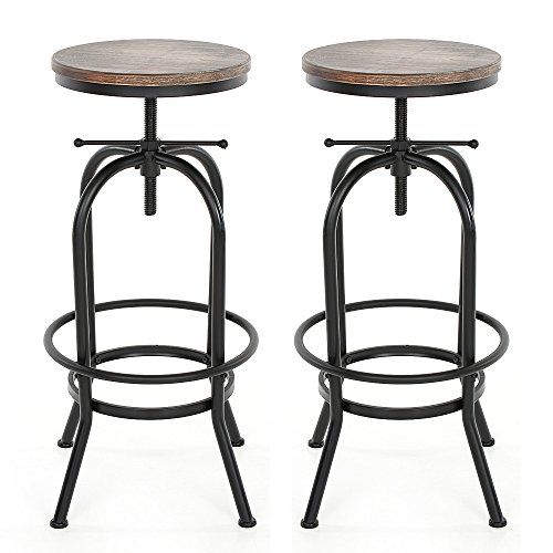 interougehome Lot de 2 Tabourets de Bar au Design Industriel Assise en Bois, chaises de Bar en Bois iKayaa