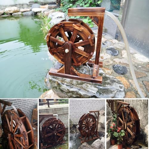 Rustykalna drewniana fontanna z kołem wodnym na świeżym powietrzu, naturalna dekoracja stawu kaskadowego do ogrodu, na patio, spinningowy ornament