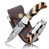 Damascus Pocket Knife for Men Handmade - 6.5 Inches Damascus Folding Knife with Sheath -Ideal for Him as an Anniversary Present - Best for EDC - Camping and Hiking - Pocket Knives with Back Lock