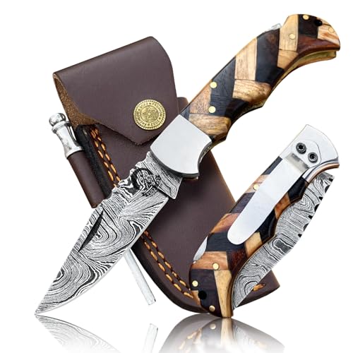 Vulture Crafts Club Damascus - Pocket Knife for Men HANDMADE - Ideal for Him as an Anniversary Present - 6.5 Inches Damascus Folding Knife with Sheath - Best for EDC ,Camping, and Hiking - Pocket Knives with Back Lock