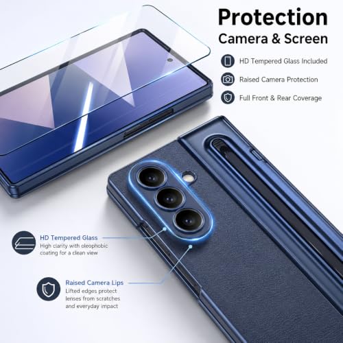 Image of amazon basics Premium Genuine Leather Case for Samsung Galaxy Z Fold 8 Ultra - Slim Fit Luxury Business Cover with Built-in S Pen Slot & Magnetic Hinge Protection - Midnight Blue