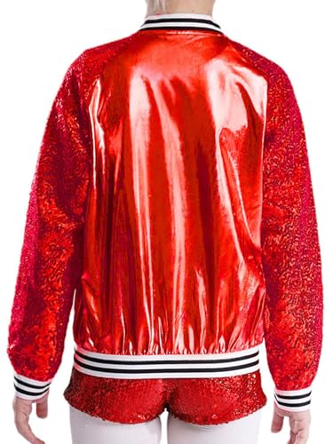 Sequin Jacket for Kids Girls Shiny Sparkly Zip Up Coat V Stand Collar Outerwear for Dancing Show2