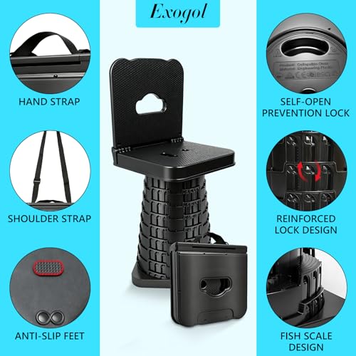 Image of Upgraded Collapsible Stool with Backrest, Portable Folding Stool, Square Telescopic Seat for Camping Fishing Hiking BBQ Outdoors and Indoors, Max Load Capacity 550lbs