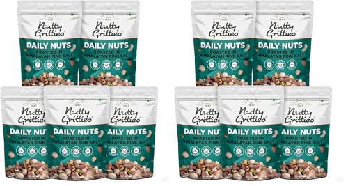 Image of Nutty Gritties Daily Nuts with 5 Exotic Nuts Macadamias, Hazelnuts, Pistachio Kernels, Almonds, Cashews | Dry Roasted with Himalayan Pink Salt | Healthy Snack with Zero Oil, Resealable Pouch- 200g ( Pack of 10 )
