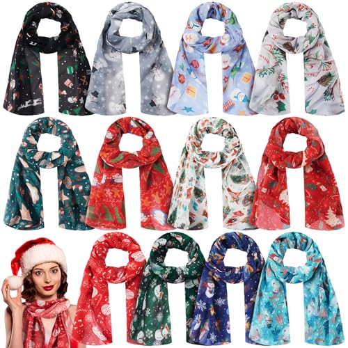 Liitrsh 12 Pcs Christmas Chiffon Scarves for Women Lightweight Christmas Santa Voile Snowflake Soft Scarf for Winter Gift